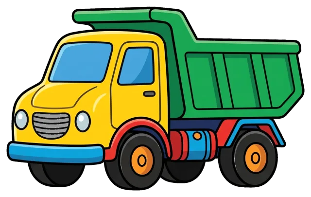 Colorful dump truck with green bed and yellow cab