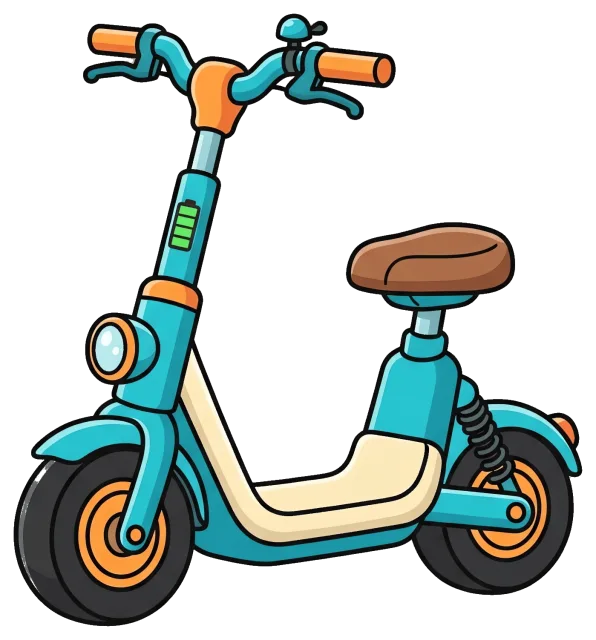 Colorful electric scooter with brown seat and orange handles