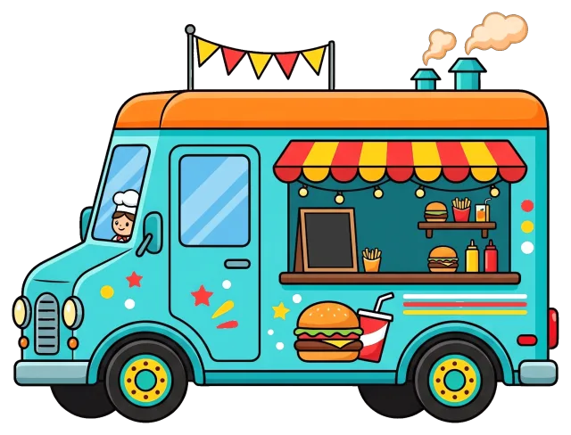 Colorful Food Truck with Burgers and Drinks Serving Window