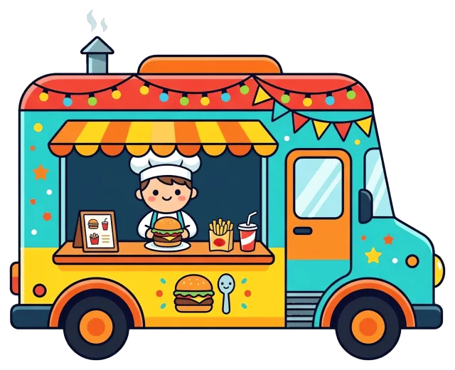Colorful food truck with chef serving burger and fries