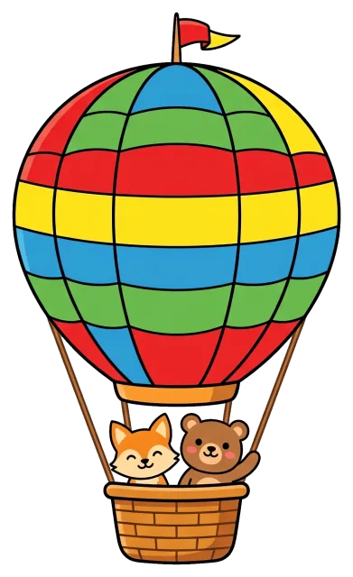 Colorful hot air balloon with cat and bear passengers