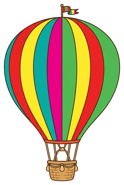 Colorful hot air balloon with striped pattern and flags