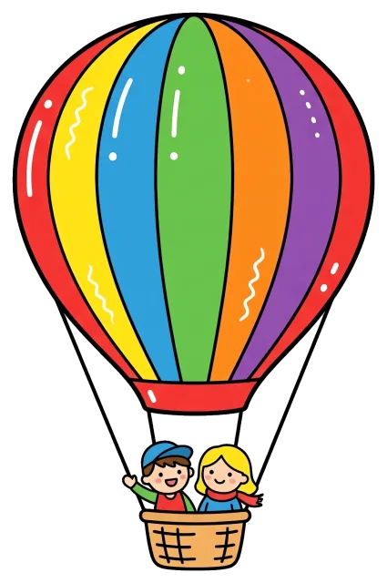 Colorful hot air balloon with two children in basket