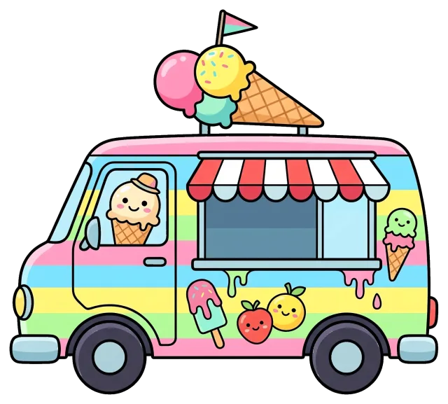 Colorful Ice Cream Truck with Cute Dessert Characters