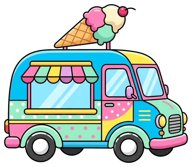 Colorful ice cream truck with large ice cream cone on top