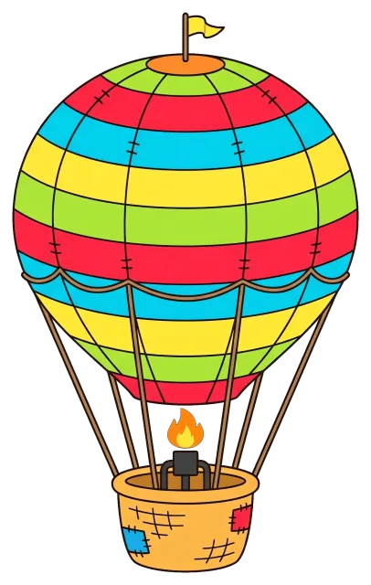 Colorful striped hot air balloon with basket and flame
