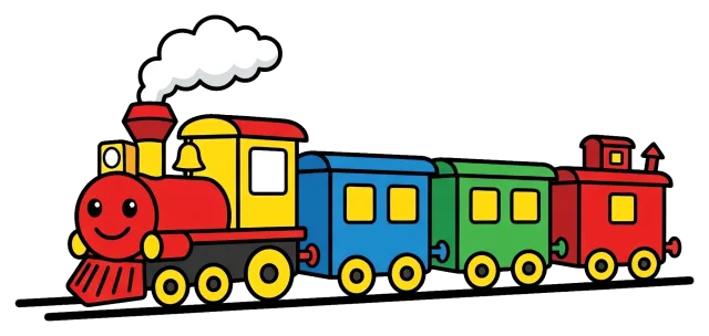 Colorful toy train with smoke on grey background