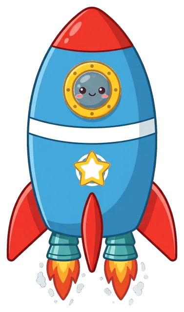 Cute blue and red cartoon rocket with smiling window