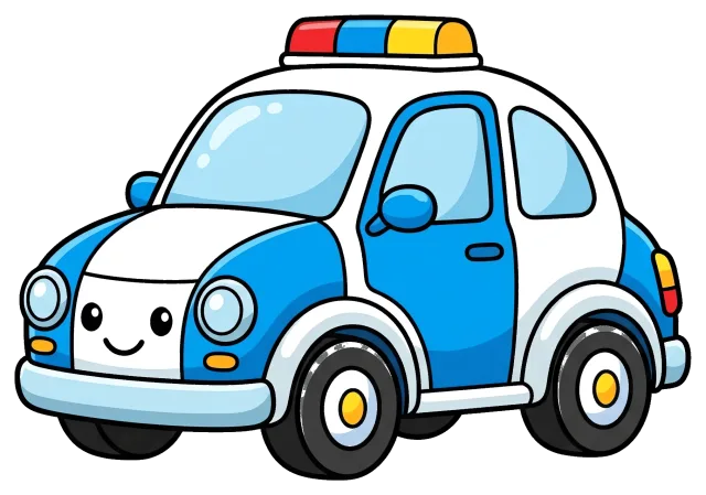 Cute blue and white police car with smiling face