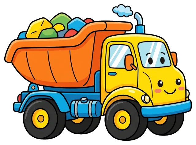 Cute cartoon dump truck with colorful rocks