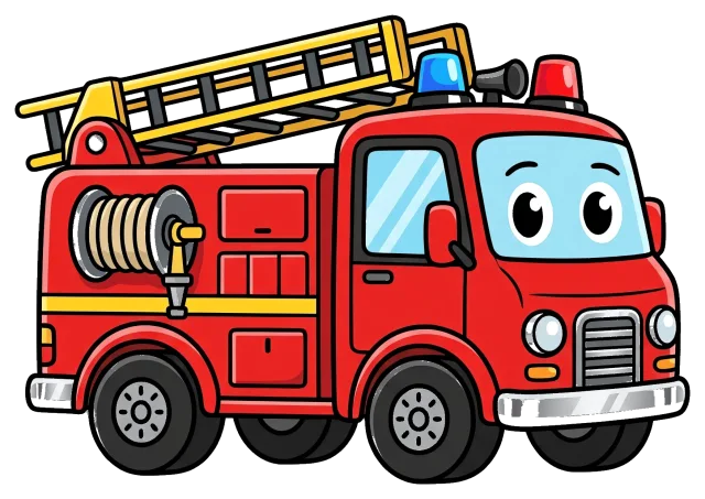 Cute cartoon fire truck with ladder and hose