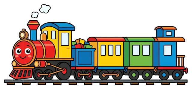 Cute colorful toy train with smiling face and gift car