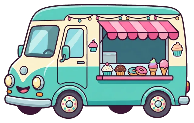 Cute food truck with cupcakes, donuts, and ice cream cones