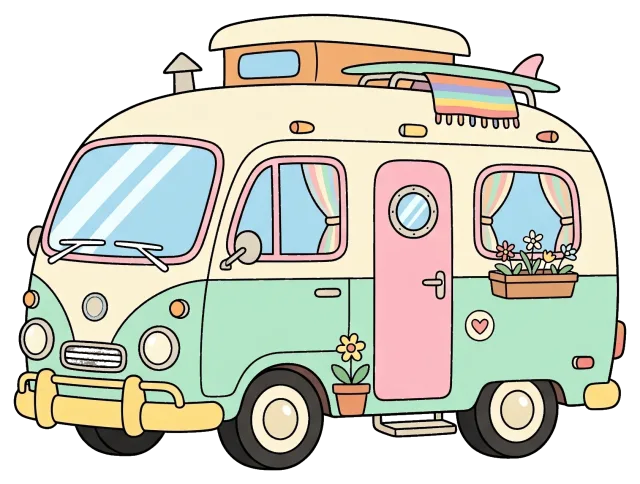 Cute pastel camper van with flowers and surfboard