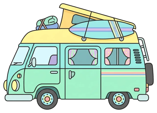 Cute pastel camper van with surfboard and luggage
