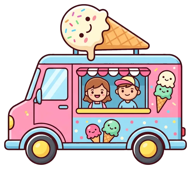 Cute pink ice cream truck with smiling vendors and colorful cones