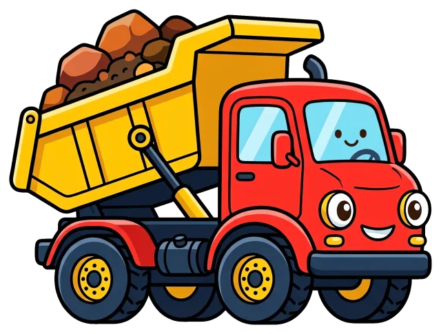 Cute Red Dump Truck with Yellow Bed Carrying Rocks