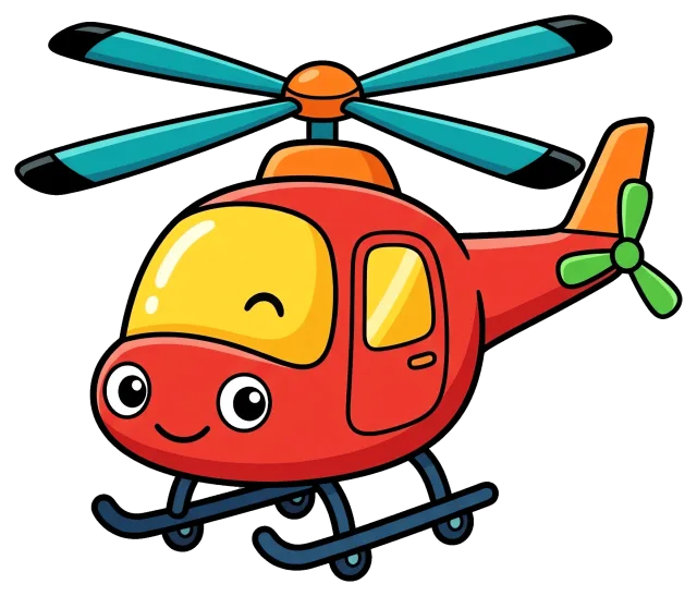 Cute red helicopter with smiling face and blue rotors