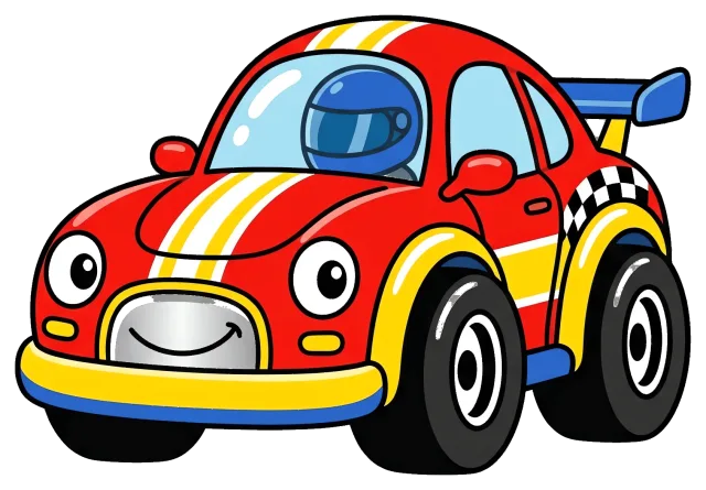 Cute red race car with yellow stripes and smiling face