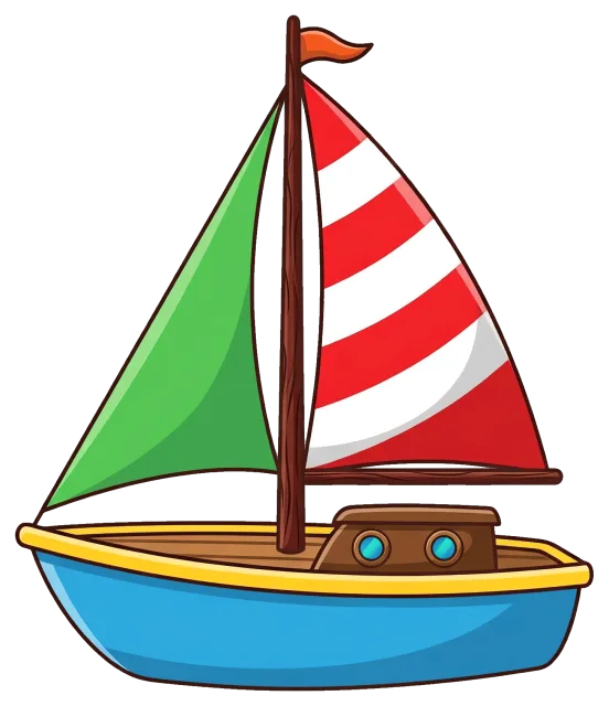 Cute sailboat with colorful sails on grey background