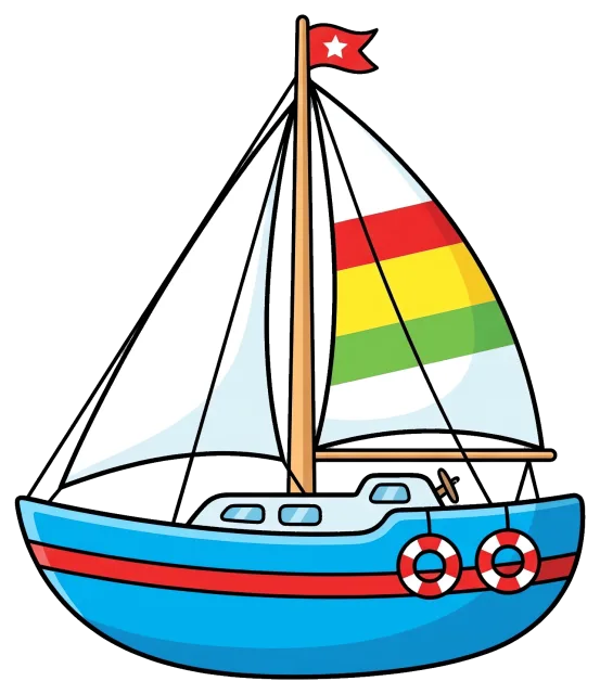 Cute sailboat with colorful striped sail and life rings