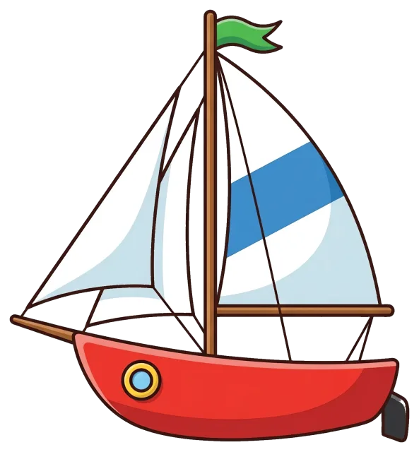Cute sailboat with red hull and white sails
