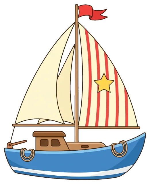 Cute sailboat with striped sail and star on grey background