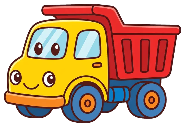 Cute yellow and red dump truck with smiling face