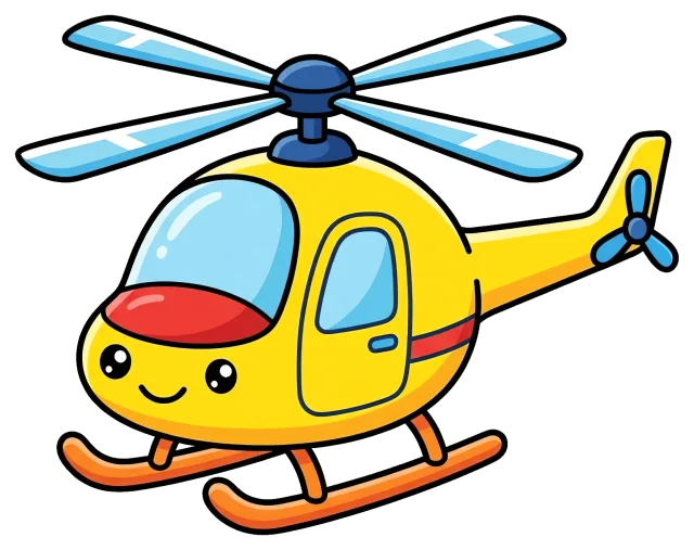Cute yellow cartoon helicopter with smiling face