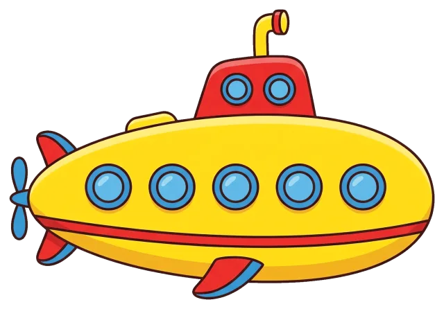 Cute yellow submarine with blue windows and red details