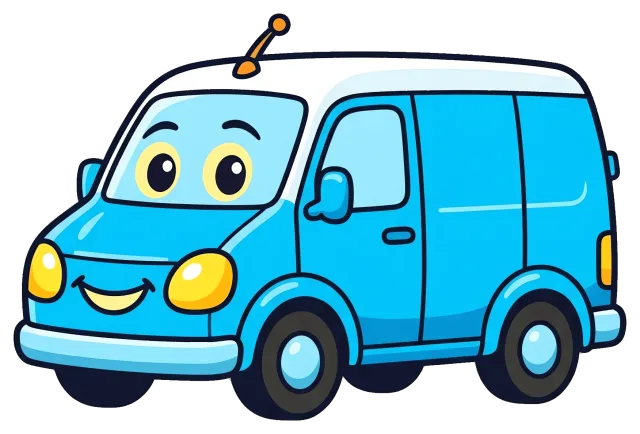 Friendly blue delivery van cartoon with smiling face