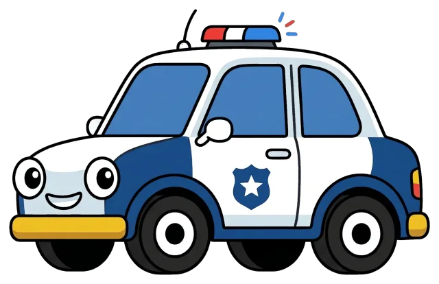 Friendly cartoon police car with smiling face and siren