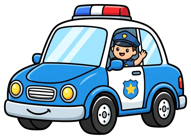 Friendly police officer waving from blue police car