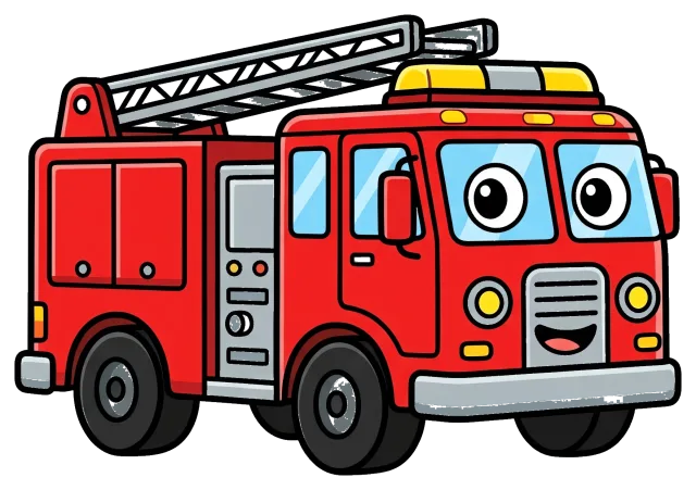 Friendly red fire truck with ladder and smiling face