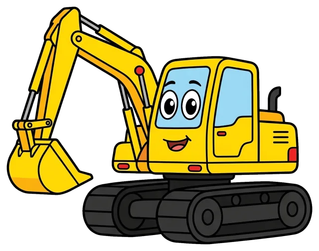 Friendly yellow excavator cartoon with smiling face