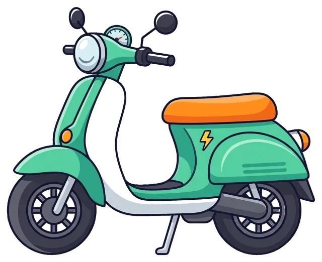 Green electric scooter with orange seat and lightning symbol