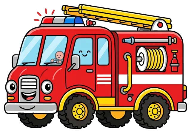 Happy red fire truck with ladder and hose reel