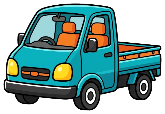 Mini pickup truck with orange seats and teal body