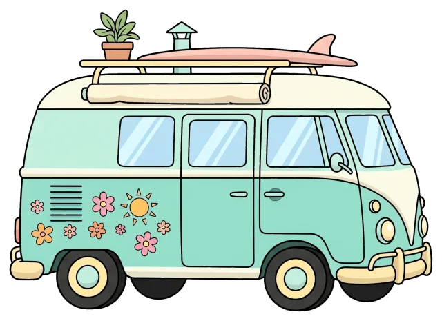 Pastel Camper Van with Surfboard and Plant on Roof