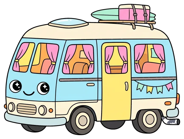 Pastel camper van with surfboard and smiling face
