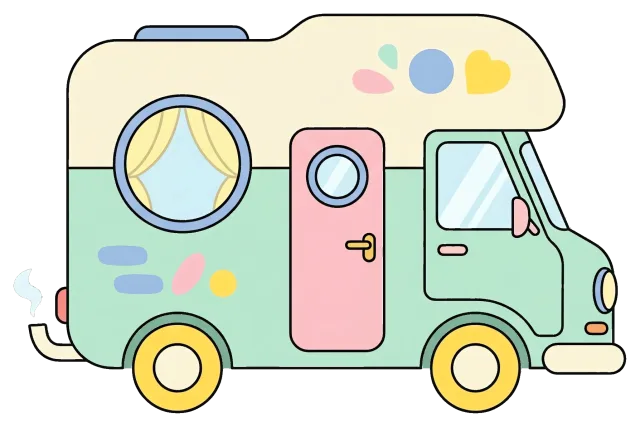 Pastel colored camper van with heart and flower decorations