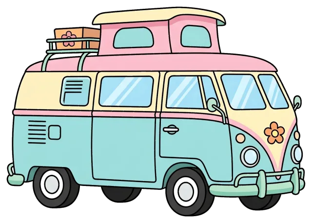Pastel colored camper van with roof luggage rack
