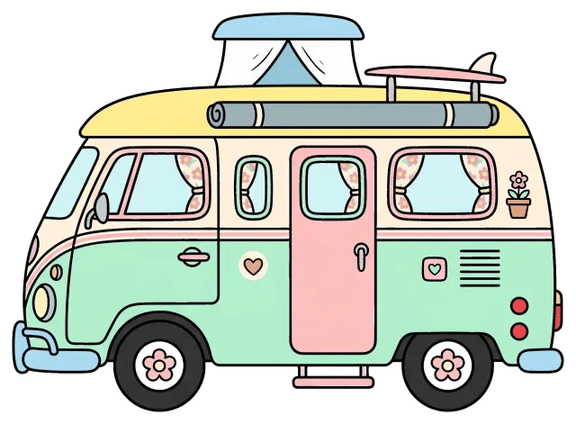 Pastel colored camper van with surfboard and flower pot