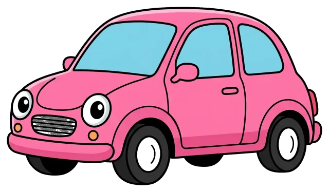 Pink cartoon car with large eyes and blue windows