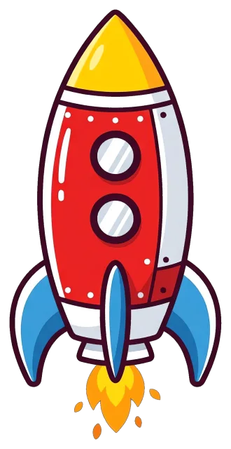 Red and yellow cartoon rocket with blue fins and flame