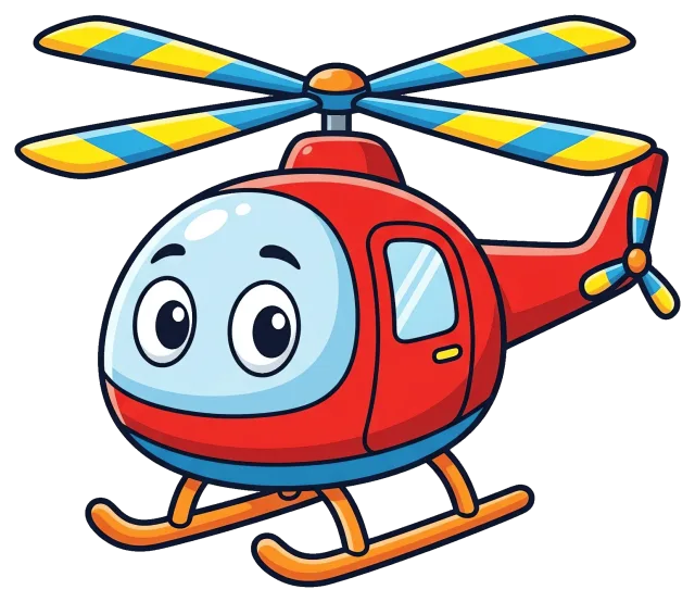 Red cartoon helicopter with blue and yellow rotor blades