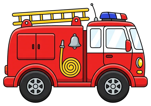 Red Fire Truck with Ladder and Hose Side View