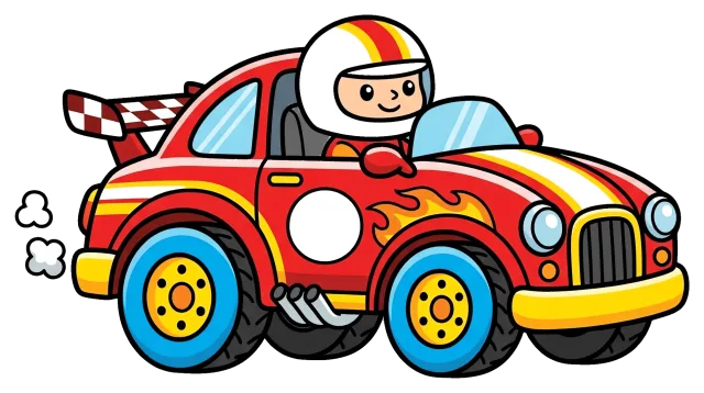 Red race car with driver wearing helmet and flames design