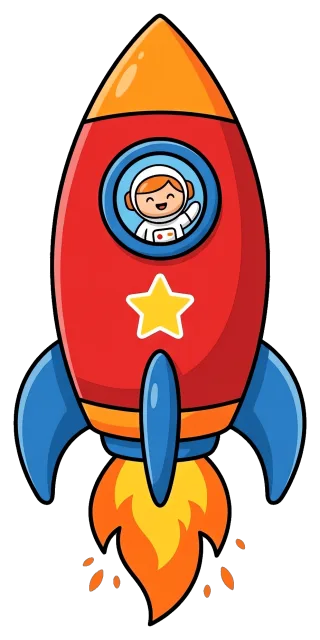 Red rocket with astronaut waving inside window