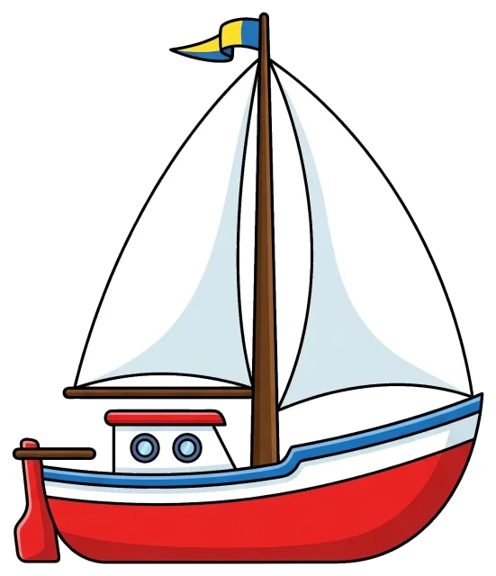 Red Sailboat with White Sails and Yellow-Blue Flag